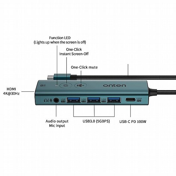 ���� ������ TYPE-C ������ HDMI 4K 60Hz x 2 + ����� VGA + ����� 3.5mm ���� Onten